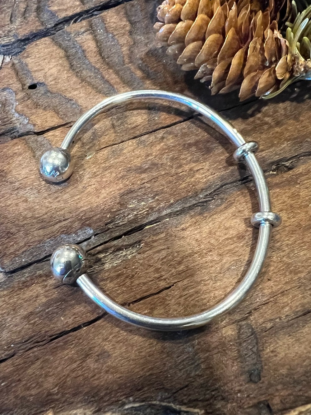 Authentic Pandora Open Bangle Charm Bracelet Smooth Silver End Caps Medium Sz 2